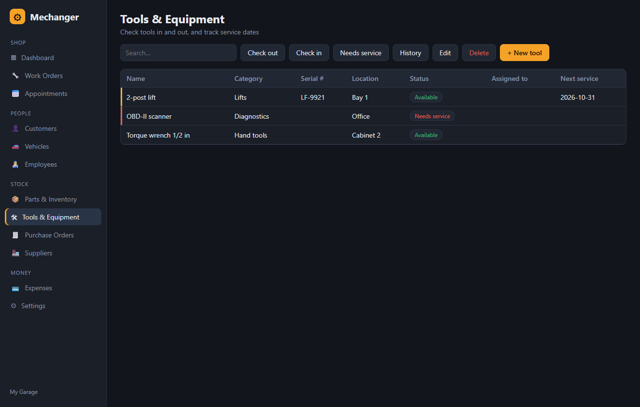 Tools and equipment list with status and next service date; a scanner needing service is highlighted.