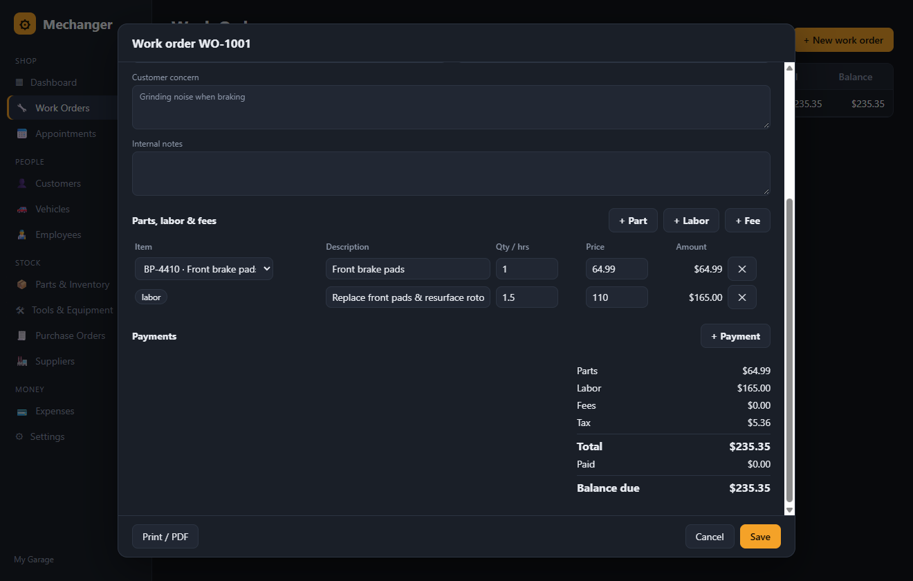 A work order with a brake pad part line, a labor line, and a running total with tax and balance due.